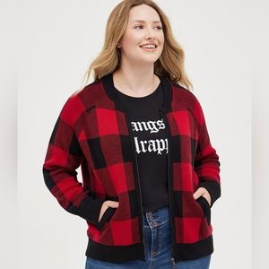 Torrid Buffalo Plaid Cardigan Zip Up Bomber Sweater Size 00